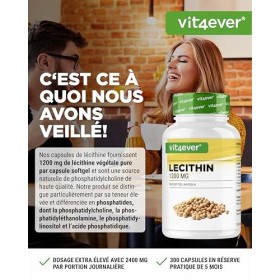 Lécithine 1200 mg - 300 softgels - Premium : avec phosphatides - Lécithine de soja sans OGM - Haute dose - Qualité Premium