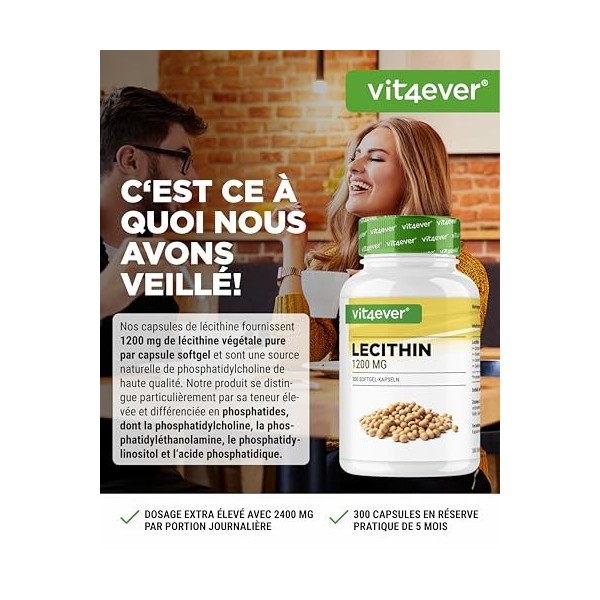 Lécithine 1200 mg - 300 softgels - Premium : avec phosphatides - Lécithine de soja sans OGM - Haute dose - Qualité Premium