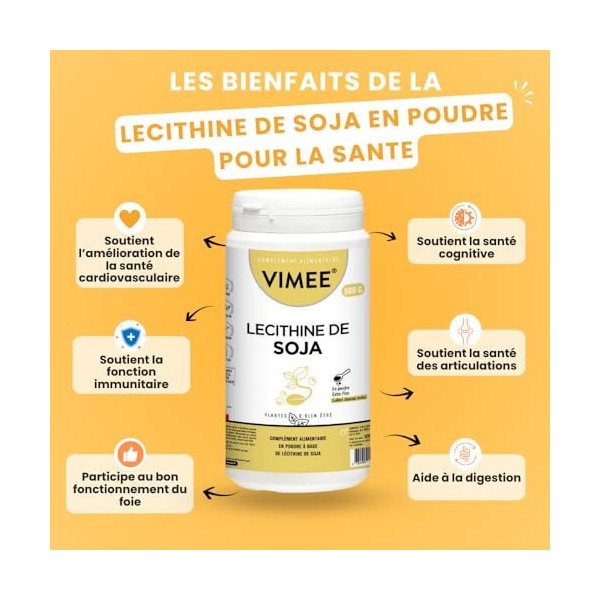 Lécithine de Soja en Poudre Vimee - Complément et Additif Alimentaire à Base de Phospholipides de Soja - Foie, Cerveau - 500 