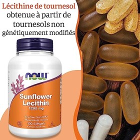Now Foods, Sunflower Lecithin Lécithine de Tournesol , 1.200mg, Hautement Dosée, 100 Capsules molles, Testée en Laboratoire,
