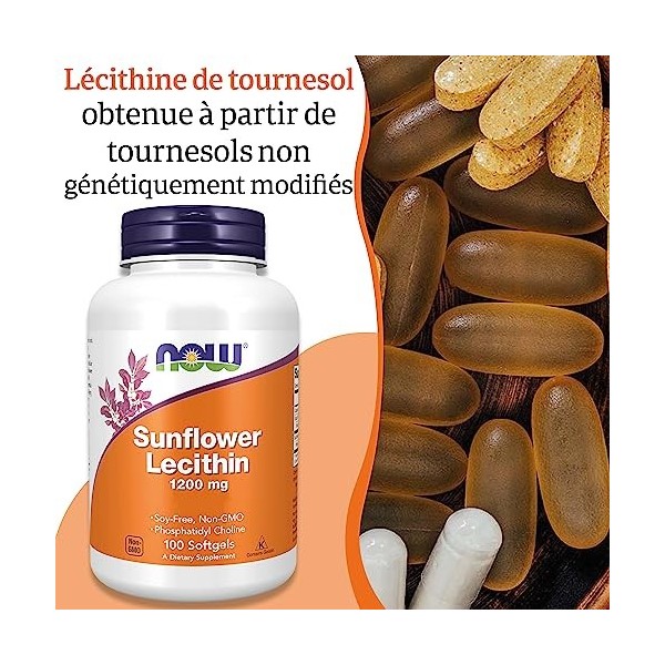 Now Foods, Sunflower Lecithin Lécithine de Tournesol , 1.200mg, Hautement Dosée, 100 Capsules molles, Testée en Laboratoire,