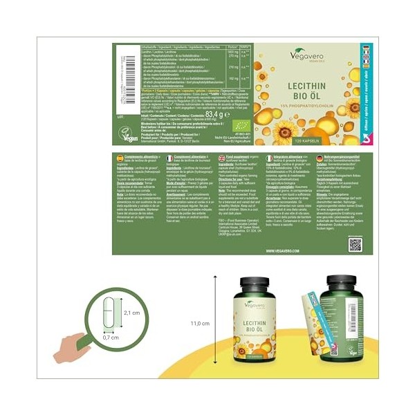 Lécithine de Tournesol 1800 mg | BIO et VEGAN | 120 Gélules | Qualité Supérieure : Sans Additifs ni OGM | Vegavero®