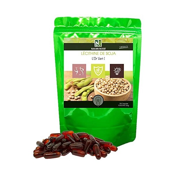 NAKURU | Lécithine de Soja | Gamme Boost | Fabriqué en France | "LOr Vert !" | 150 Capsules de 1700mg / Poids Net: 255g 