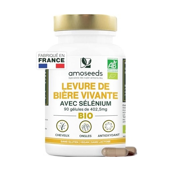 Levure de Bière Active BIO | Cheveux et Ongles | Levure Vivante, 1200mg / jour, Sans Gluten | Enrichie en Sélénium | 90 gélul