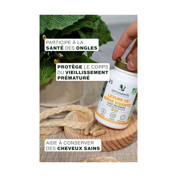 Levure de Bière Active BIO | Cheveux et Ongles | Levure Vivante, 1200mg / jour, Sans Gluten | Enrichie en Sélénium | 90 gélul