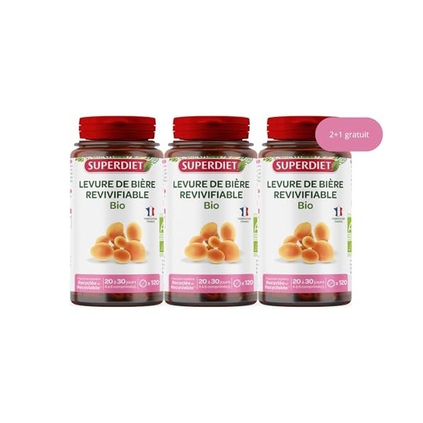 SUPERDIET - LEVURE DE BIÈRE REVIVIFIABLE BIO - Phytothérapie - Beauté - Fabrication française - Format éco -2+1 gratuit -360 
