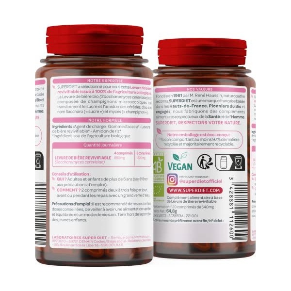 SUPERDIET - LEVURE DE BIÈRE REVIVIFIABLE BIO - Phytothérapie - Beauté - Fabrication française - Format éco -2+1 gratuit -360 