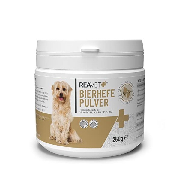 Poudre de levure de bière ReaVET pour Chiens et Chats 250g - levure de bière moulue Pure Contre la Chute des Poils et Les tiq
