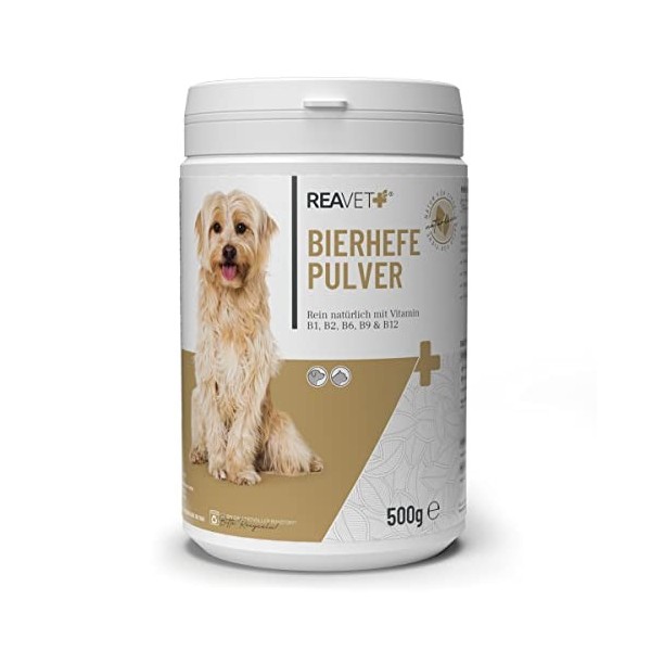 Poudre de levure de bière ReaVET pour Chiens et Chats 500g - levure de bière moulue Pure Contre la Chute des Poils et Les tiq