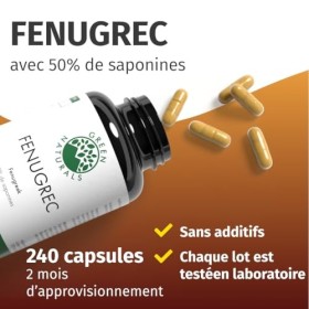 Fenugrec Gelule - 2600 mg Dose Quotidienne - Extrait 15:1 650 mg/capsule - 50% Saponines - 240 Capsules Véganes - Fabriqué 
