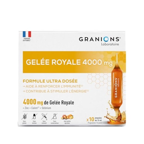 GRANIONS GELEE ROYALE 4000 MG - Complement Alimentaire Ultra-Dosé à base de Gelee Royale - Selenium Zinc et Cuivre - Gelee Ro