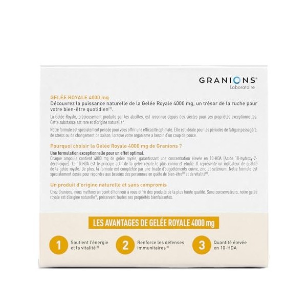 GRANIONS GELEE ROYALE 4000 MG - Complement Alimentaire Ultra-Dosé à base de Gelee Royale - Selenium Zinc et Cuivre - Gelee Ro