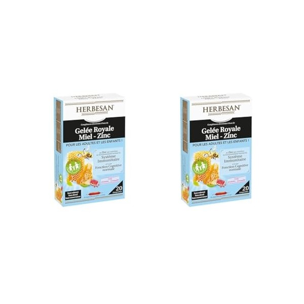 HERBESAN®- GELEE ROYALE 400MG, MIEL et ZINC- Défenses immunitaire- Convient aux enfants - 20 ampoules de 15ml Lot de 2