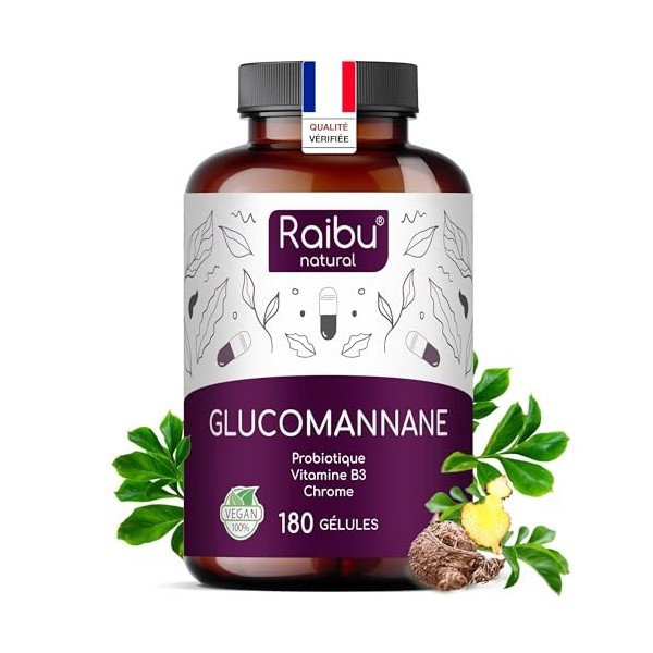 Glucomannane Konjac Pur, 4100mg par Jour, 180 gélules - Pure 95% de Fibre Konjac, avec Probiotique, Chrome et Vitamine B3 - H