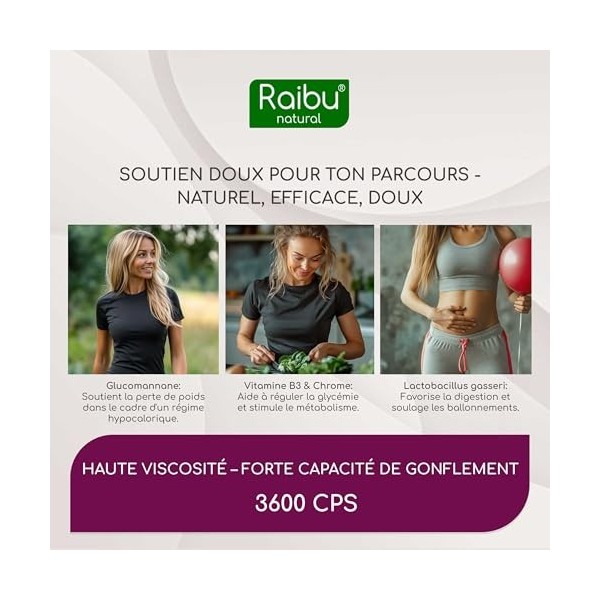 Glucomannane Konjac Pur, 4100mg par Jour, 180 gélules - Pure 95% de Fibre Konjac, avec Probiotique, Chrome et Vitamine B3 - H
