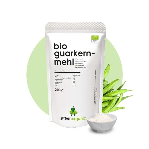 Farine de guar bio 200 g | Guar Gum Bio Guarkern Farine issue de culture contrôlée E412 sans gluten Liant épaississant 200 g