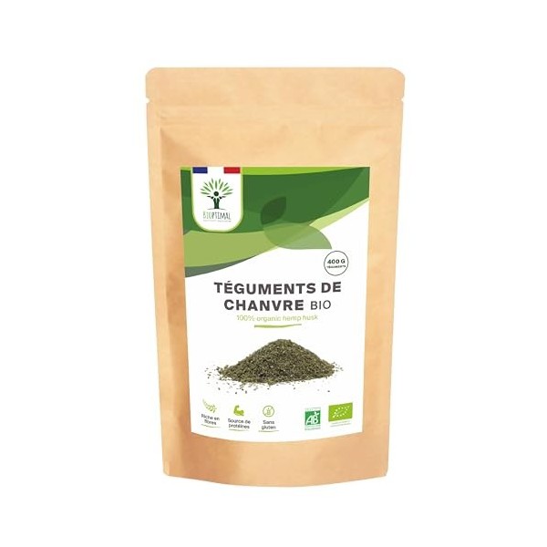 BIOPTIMAL - Téguments de Graines de Chanvre Bio - Husk Raw - Digestion Transit Cholestérol - 65% Fibres 14% Protéines - Culti