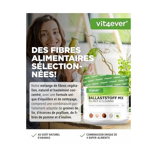 Combinaison de fibres alimentaires - 400 g de poudre avec de lenveloppe de psyllium, de linuline prébiotique , des fibres 
