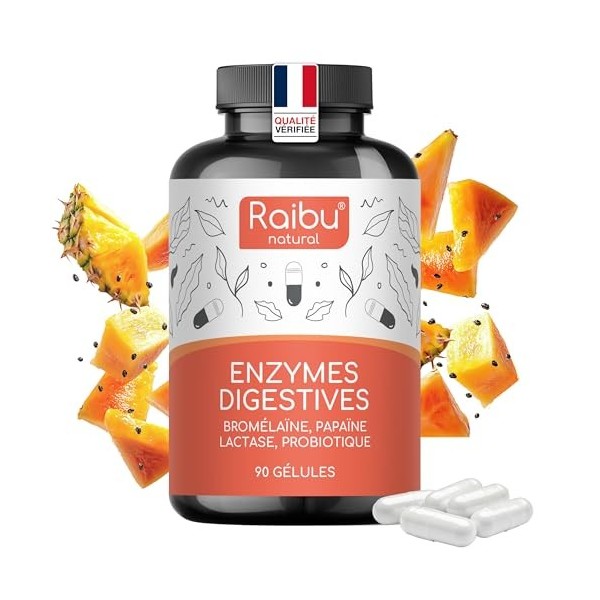 Enzymes Digestives - Lactase, Bromélaïne, Papaïne, Protéase, Amylase, Lipase et Probiotique - 90 Gélules - Pour la Digestion,