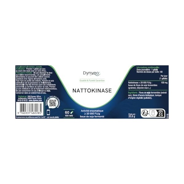 Nattokinase à haute activité enzymatique ≥ 20 000 FU/g - Origine végétale issue Fèves de Soja Non-OGM - 100 mg / 60 Gélules v