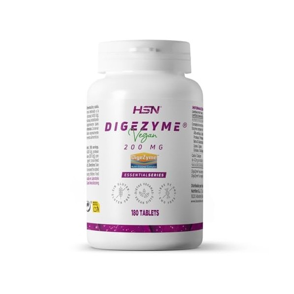 HSN Digezyme 200 mg Enzymes Digestives Végétaliennes | 180 Comprimés | Brevet Digezyme® Amylase, Protéase, Lactase, Lipase, 