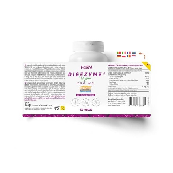 HSN Digezyme 200 mg Enzymes Digestives Végétaliennes | 180 Comprimés | Brevet Digezyme® Amylase, Protéase, Lactase, Lipase, 