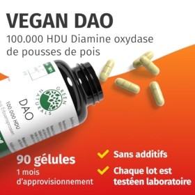 DAO Haute Dose - 100.000 HDU avec 100 mg de Poudre de Germe de Pois par Gélule - 90 Gélules Végétales - Haute Qualité