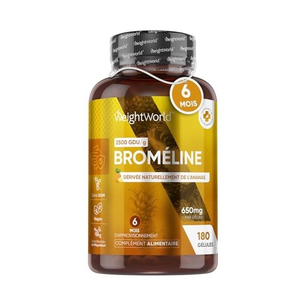 Bromelaine Gélules 650 mg 2500 UDG/g , Cure de 6 Mois, 180 Gélules Avec Enzymes Digestives Dérivée De La Tige DAnanas, Vega