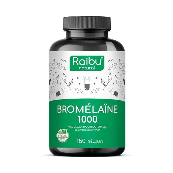 Raibu Bromélaïne Pure I 1000 mg 2.500 GDU/G I 150 Gélules gastro-résistantes I Enzymes Digestives I Extrait Naturel dAnana