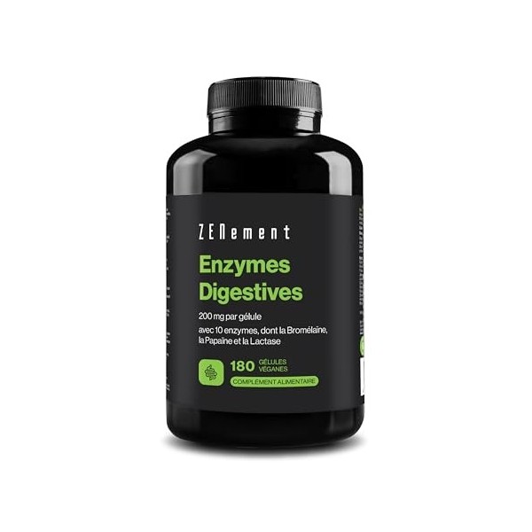 Enzymes Digestives - 10 Enzymes y compris Bromélaïne et Papaïne, Haute Concentration - 200mg par Gélule - 180 Gélules Véganes
