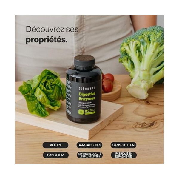 Enzymes Digestives - 10 Enzymes y compris Bromélaïne et Papaïne, Haute Concentration - 200mg par Gélule - 180 Gélules Véganes