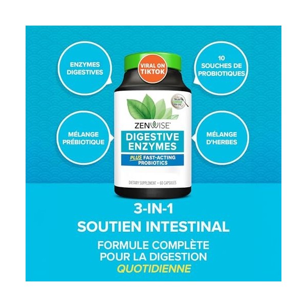 Zenwise, Digestive Enzymes Enzymes Digestives , 60 Capsules, Végétarien, Sans Gluten, Sans Soja, Sans OGM