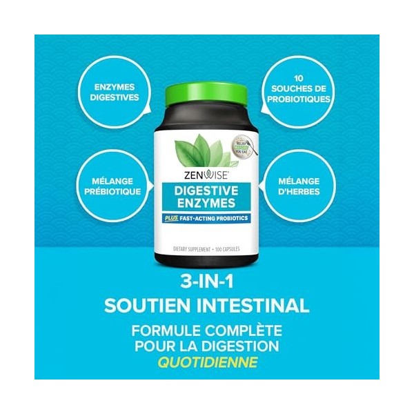 Zenwise, Digestive Enzymes Enzymes Digestives , 100 Capsules, Végétarien, Sans Gluten, Sans Soja, Sans OGM