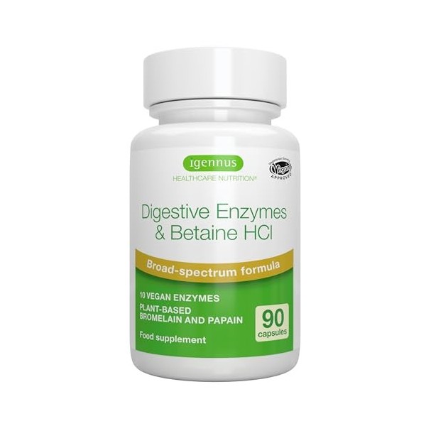 Enzymes Digestives & Bétaïne HCl, 90 Capsules, Complexe Avancée de 10 Enzymes Digestives compris Bromélaïne, Papaïne, Lactase