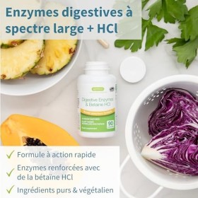 Enzymes Digestives & Bétaïne HCl, 90 Capsules, Complexe Avancée de 10 Enzymes Digestives compris Bromélaïne, Papaïne, Lactase