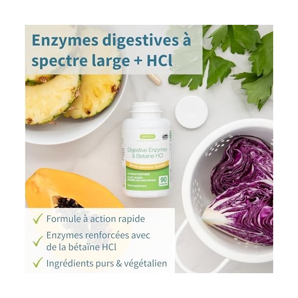 Enzymes Digestives & Bétaïne HCl, 90 Capsules, Complexe Avancée de 10 Enzymes Digestives compris Bromélaïne, Papaïne, Lactase