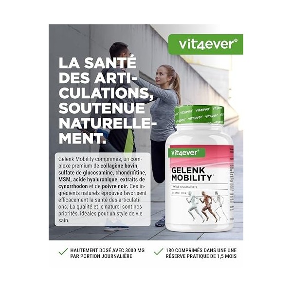 Articulation Mobility - 180 Comprimés - Hautement dosé avec 7 ingrédients actifs : Glucosamine + Chondroïtine + MSM + Acide H