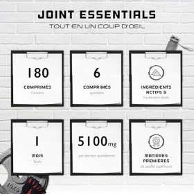 Joint Essentials - 180 Comprimés - Haute dose de 5100 mg par jour - Glucosamine + Chondroïtine + MSM + Acide Hyaluronique + C