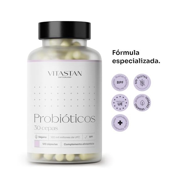 Mélange probiotique Vitastan 120 - capsules probiotiques 120 avec 30 souches vivantes - Supplément à enzyme digestif - Formul