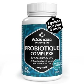 Probiotique Flore Intestinale - 50 milliards UFC, 20 Souches avec Zinc et Inuline 3 Mois - 1 Capsule par Jour Végane et Gas