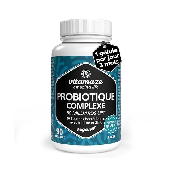 Probiotique Flore Intestinale - 50 milliards UFC, 20 Souches avec Zinc et Inuline 3 Mois - 1 Capsule par Jour Végane et Gas