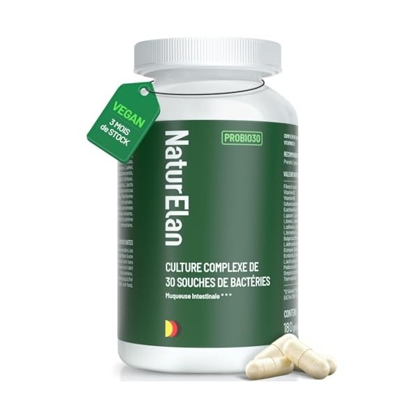 Probiotique Flore Intestinale | 30 Souches de Bactéries | 180 Gélules | Gastro-Résistant &Vegan | avec Lactobacillus & Bifido