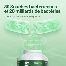 Probiotique Flore Intestinale | 30 Souches de Bactéries | 180 Gélules | Gastro-Résistant &Vegan | avec Lactobacillus & Bifido