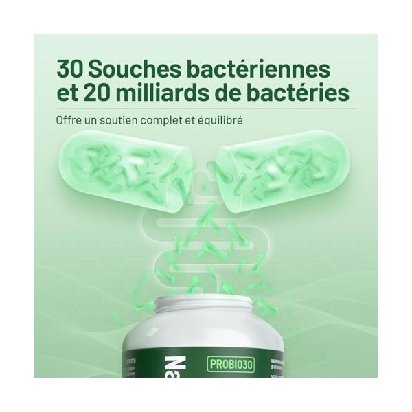 Probiotique Flore Intestinale | 30 Souches de Bactéries | 180 Gélules | Gastro-Résistant &Vegan | avec Lactobacillus & Bifido
