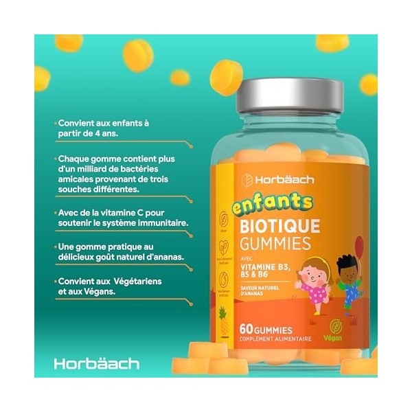 Biotique Enfant Gummies | 60 Vegan Gummies Goût Ananas | 60 Jours | Biotique Flore Intestinale Enfants | Multi-Souches : Lact