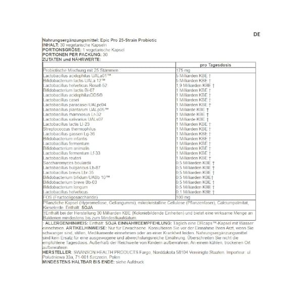 Swanson - Epic Pro 25-Strain Probiotic | Soutient une flore intestinale saine - 30 capsules végétales