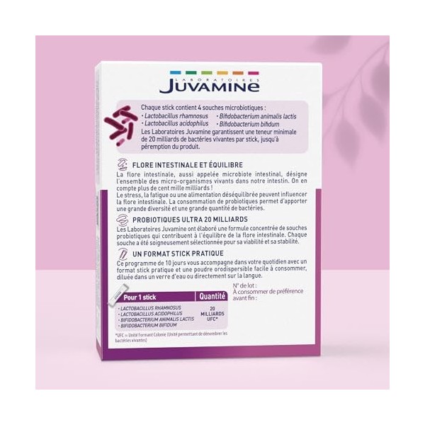 JUVAMINE - Probiotiques Ultra 20 milliards - 10 sticks - Flore Intestinale - Microbiote Intestinal - Programme de 10 jours - 