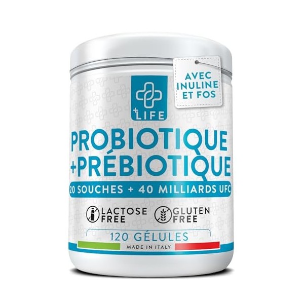 Probiotique Flore Intestinale Avec Prebiotiques 120 Gélules PiuLife® 40 Milliards UFC Dose, 20 Souches, Flore Intestinale, Bi