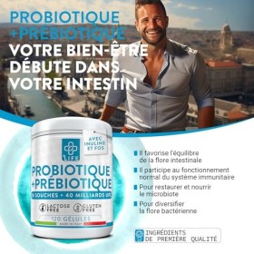 Probiotique Flore Intestinale Avec Prebiotiques 120 Gélules PiuLife® 40 Milliards UFC Dose, 20 Souches, Flore Intestinale, Bi