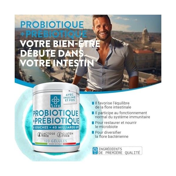 Probiotique Flore Intestinale Avec Prebiotiques 120 Gélules PiuLife® 40 Milliards UFC Dose, 20 Souches, Flore Intestinale, Bi